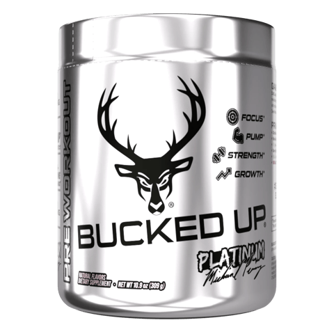A tub of Bucked Up Pre-Workout Platinum Mike Perry.